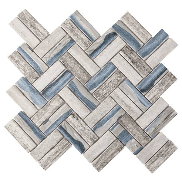 TileGen. Recycle Herringbone Wooden Look 1" x 3" Glass Mosaic Tile in